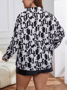 SHEIN Privé Bluză cu decolteu fals cu imprimeu peste tot - Negru - Vizualizare 2