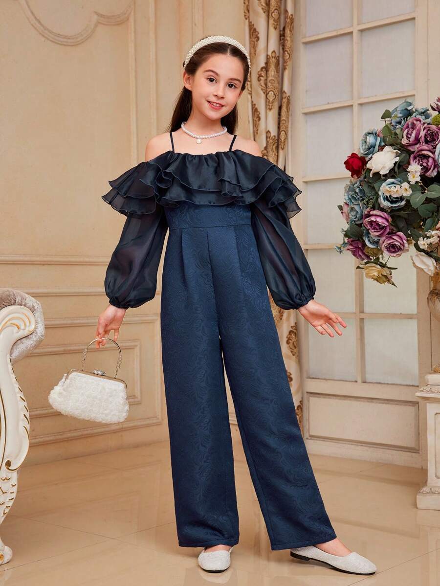 SHEIN Tween Girl Cute Off-Shoulder Long Sleeve Jumpsuit With Ruffle Trim - Blue - View 1