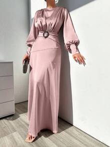 EURMUSE Long Length Evening Dress Made Of Satin With Shiny Stones Accessories In Belt - Dusty Pink - View 3
