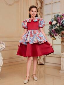 SHEIN Tween Girls' Floral Print Dress With Fitted Waist, Puff Sleeves And Peter Pan Collar - Red - View 2