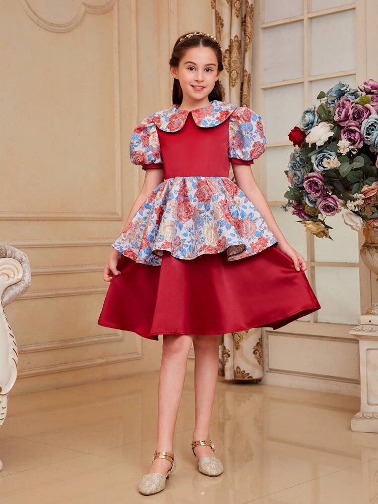 Tween Girls' Floral Print Dress With Fitted Waist, Puff Sleeves And Peter Pan Collar