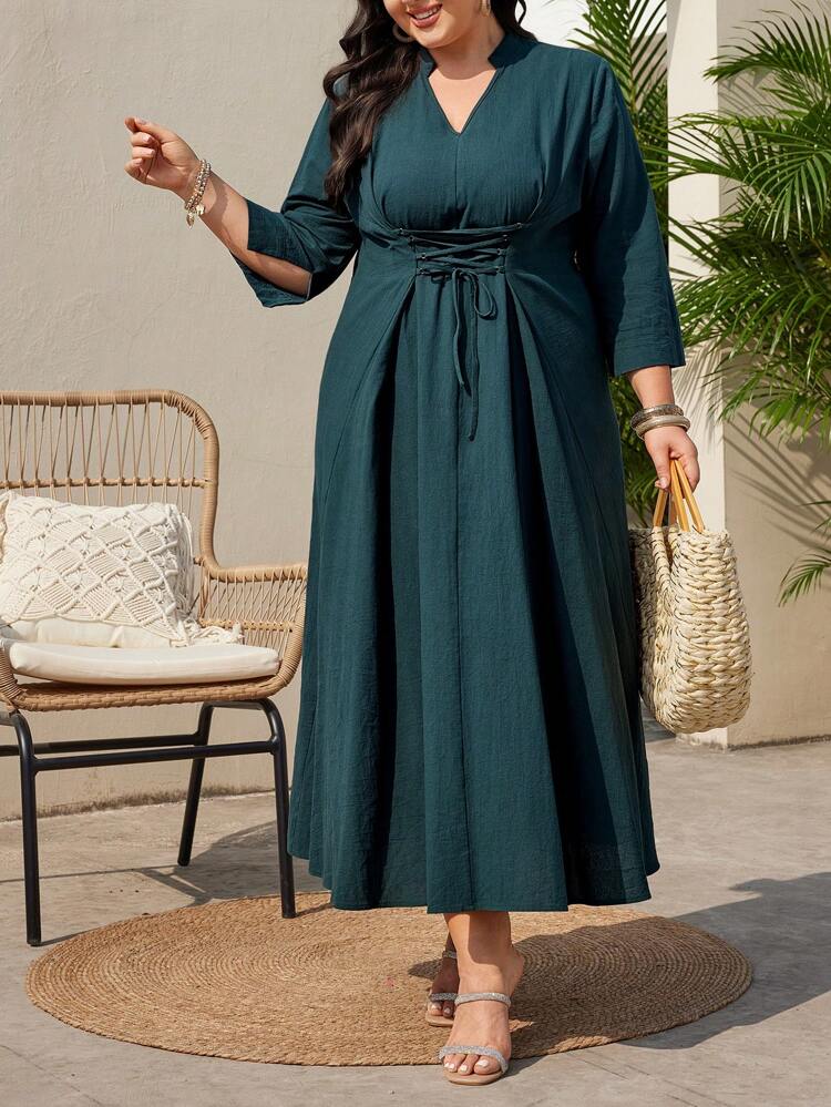 Plus Size Notched Collar Tie Waist Dress With Front Slit