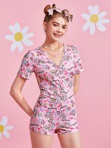 HELLO KITTY AND FRIENDS | SHEIN Cartoon And Letter Graphic Sleep Romper - Multicolor - View 1