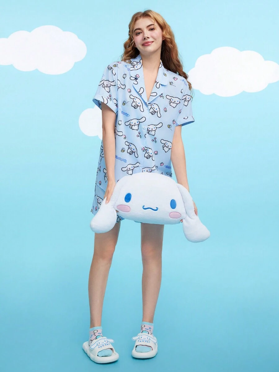 HELLO KITTY AND FRIENDS | SHEIN Fashionable Casual Cartoon Print Blue Lapel Collar PJ Set - Multicolor - View 1