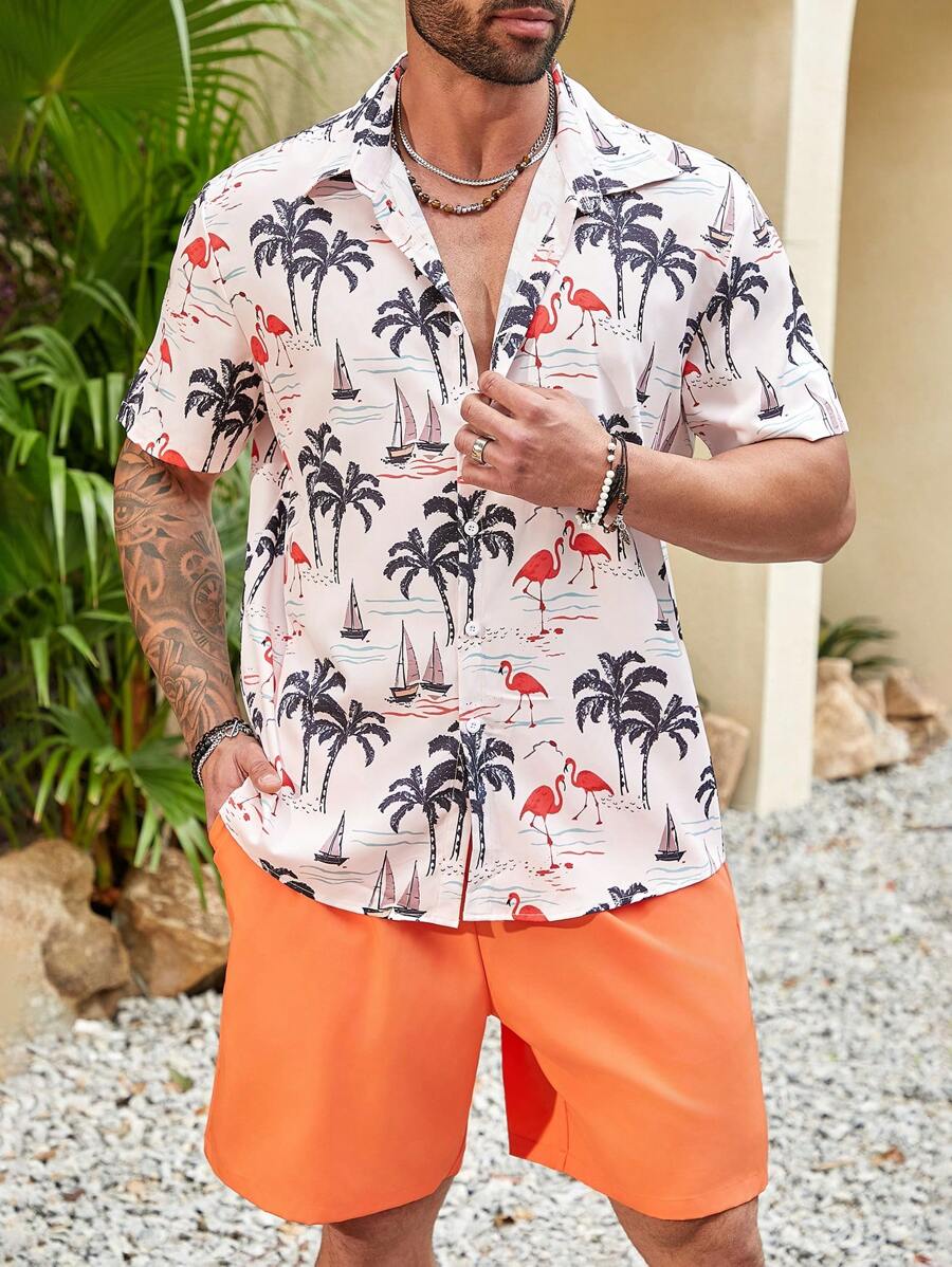 Manfinity RSRT Men's Plus Size Palm Tree Print Short Sleeve Shirt And Shorts Set - Multicolor - View 1