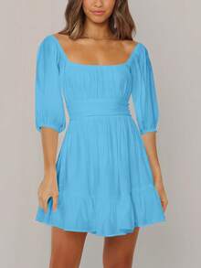 Ladies' Solid Color Square Neck Lantern Sleeve Dress - Baby Blue - View 3