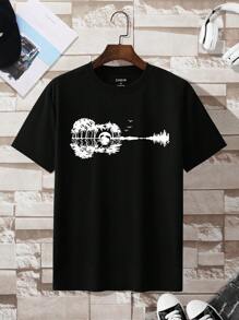 Men's Guitar Printed Short Sleeve T-Shirt - Black - View 1
