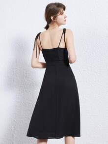 Elegant Solid Color Waist Cinched Split Front Spaghetti Strap Dress - Black - View 3
