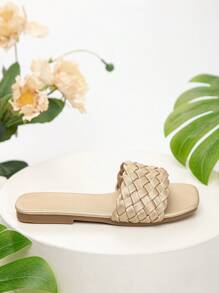 Sandalias planas casuales de unicolor tejidas para niñas de vacaciones