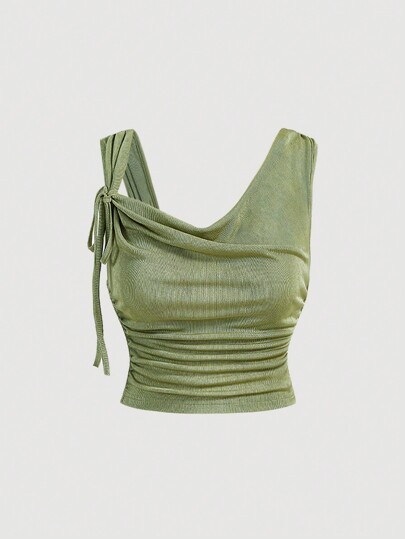 Plus Size Women's Asymmetrical Neckline Ruched Tank Top For Summer