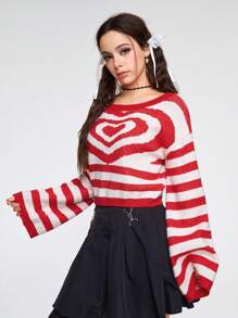 ROMWE Kawaii Women's Asymmetrical Neck Heart Striped Pullover Sweater - Red - View 5