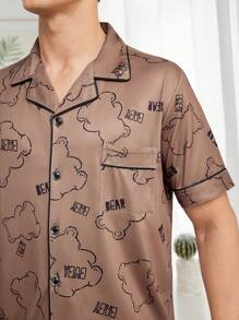 Men's Bear Printed Short Sleeve Top & Shorts Summer Homewear Set With Collar