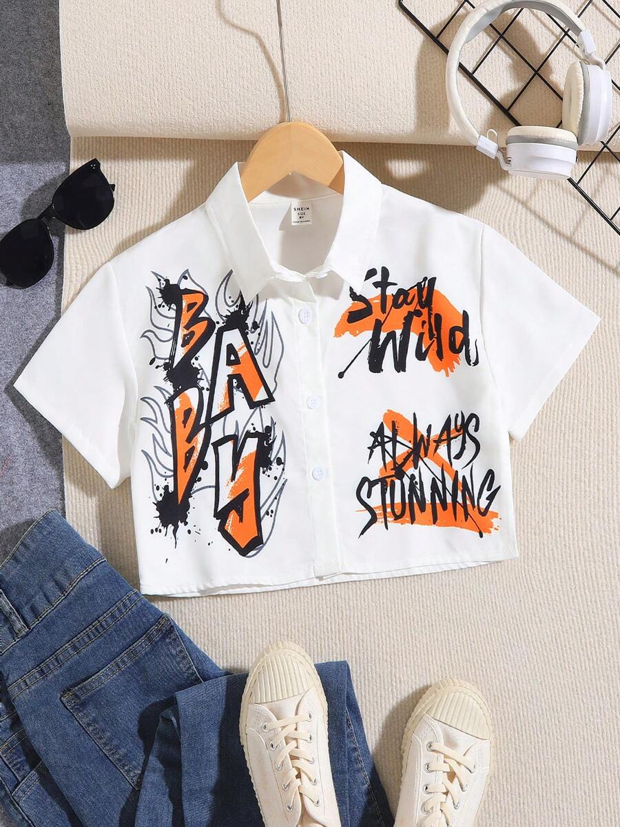 SHEIN 帶有字母印花的青少年涼爽街風短袖鈕扣衫 - 白色 - 查看 1