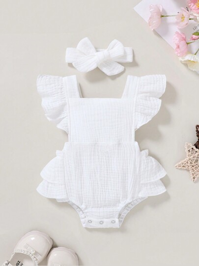 Set de 2 piezas de vestido-mono casual, elegante y dulce para niña bebé, suave y cómodo, conjunto de mono con volantes de unicolor y diadema