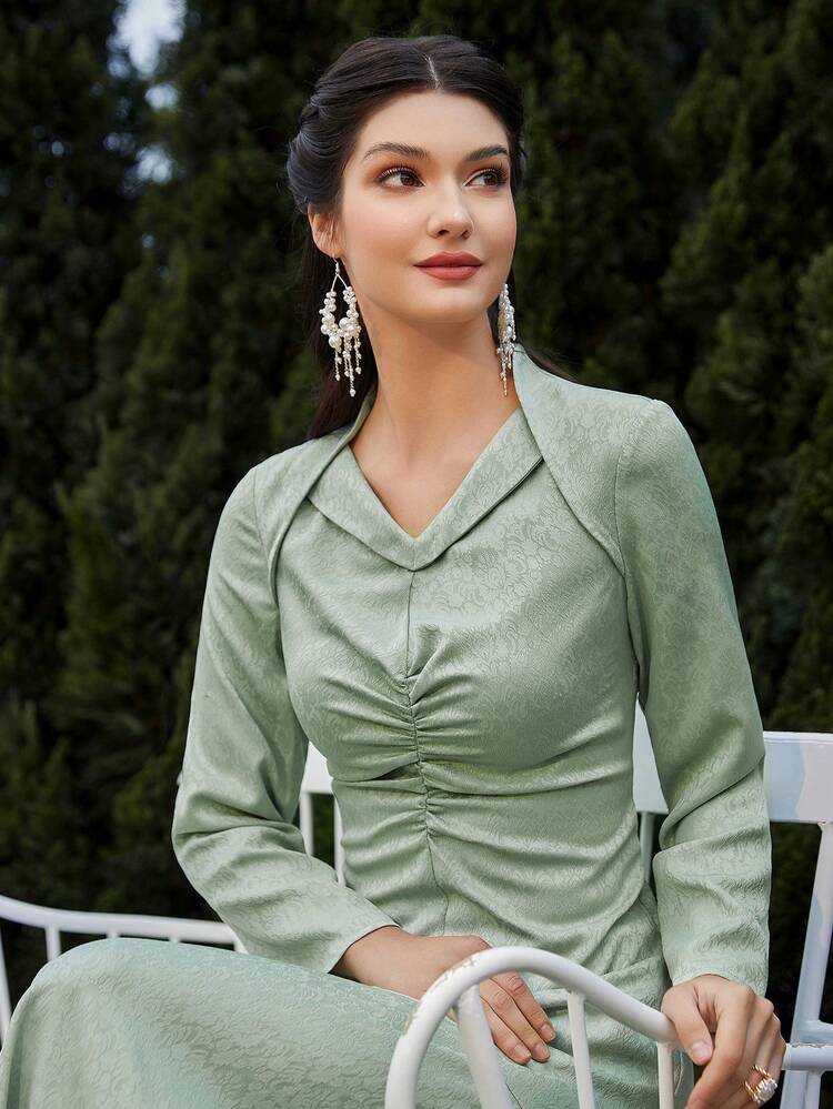 Solid Color Pleated Chest & Waist Long Sleeve Dress Long Evening Dresses