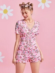 HELLO KITTY AND FRIENDS | SHEIN Cartoon And Letter Graphic Sleep Romper - Multicolor - View 5