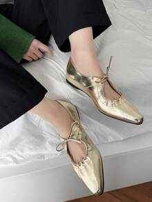 Women's Gold Tone Ribbon Flat Ballet Shoes - Gold - View 4