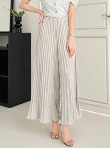 DAZY 女士休闲宽松高腰阔腿褶皱阔腿裤，教师裤 - 杏色 - 查看 3