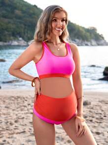 SHEIN Maternity Contrast Color Bikini Set With Round Neckline Summer - Multicolor - View 3