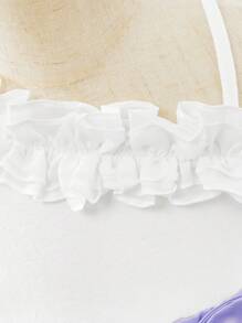 SHEIN 嬰兒女孩休閒度假風格拼接花邊帶細肩帶上衣,花卉印花裙子和腰帶套裝 - 粉色 - 查看 4