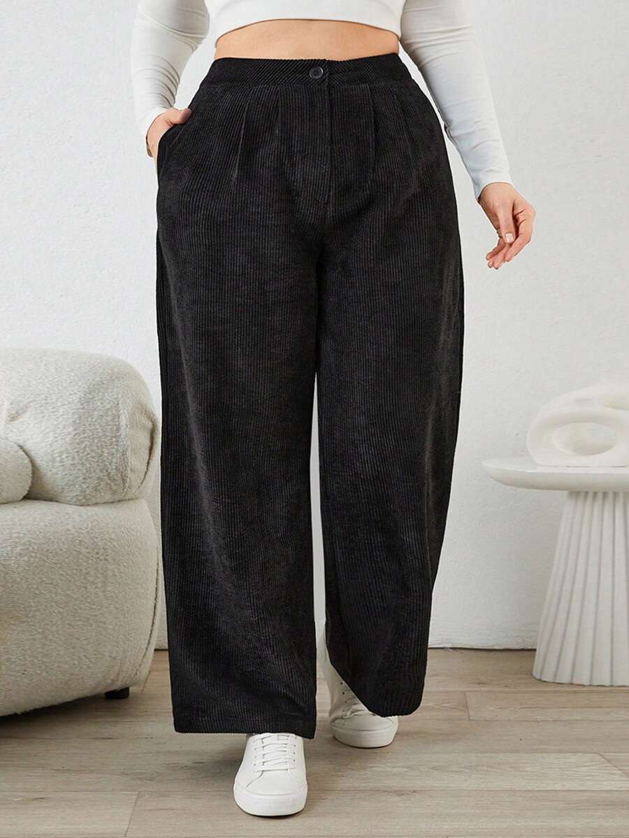 RueChic Frenchy Slant Pocket Corduroy Wide Leg Pants - Black - View 1