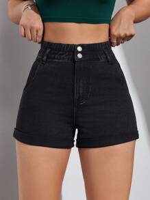 SHEIN EZwear 實色修身牛仔短褲,斜口口袋設計 - 黑色 - 查看 1