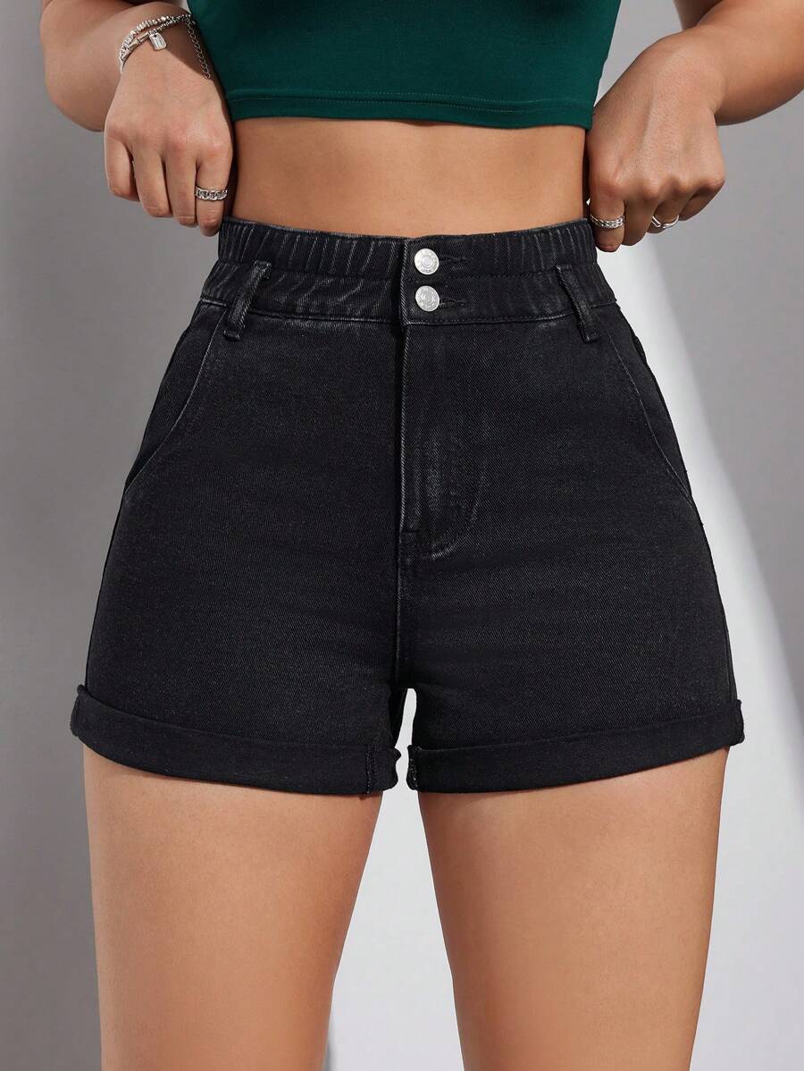 SHEIN EZwear 實色修身牛仔短褲,斜口口袋設計 - 黑色 - 查看 1