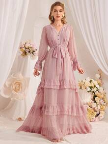 Women's Chiffon Ruffle Notched Neck Maxi Bridesmaid Dress - Pink - View 3