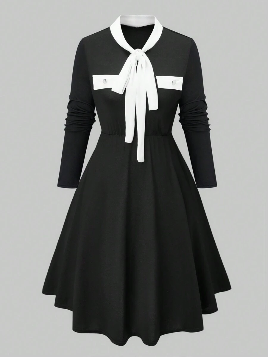 SHEIN Clasi Talla grande Vestido de cuello con cordón ribete en contraste - Multicolor - Ver 1