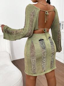 Flirla 大尺碼女性時尚簡約空心針織毛衣連衣裙 - 軍綠色 - 查看 2