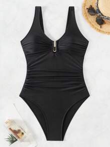 SHEIN Swim 女士純色襯褶連體泳衣,適用於夏季、海灘、假期、旅遊、節日、游泳池、衝浪 - 黑色 - 查看 9