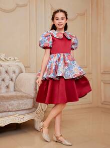 SHEIN Tween Girls' Floral Print Dress With Fitted Waist, Puff Sleeves And Peter Pan Collar - Red - View 5
