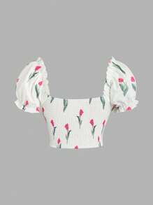 Sweetra 女性花卉印花甜心領泡泡袖短款上衣 - 彩色 - 查看 2