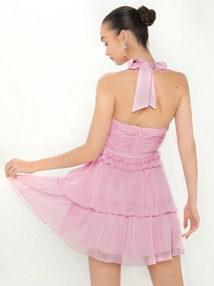 Contrast Mesh Ruffle Hem Halter Neck Dress