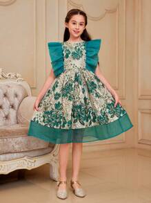 SHEIN Tween Girls' Cute Fit-And-Flare Dress With Organza Patchwork, Jacquard Fabric And Ruffle Hem, Round Neck - Green - View 6