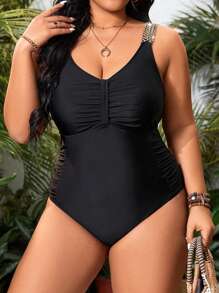 SHEIN Swim Curve 大尺寸合身一件式泳衣,帶有褶皺和編織設計細節 - 黑色 - 查看 5