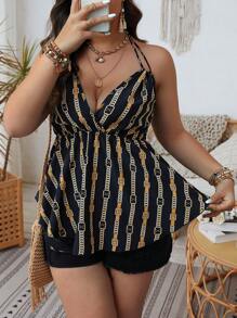 Flirla Plus Size Halter Neck Chain Printed Backless Top - Black - View 5