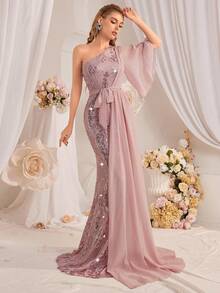 Women's Asymmetrical Neck Sequined Evening Gown Elegant Formal Prom Wedding Guest Dress, For Graduation, Dinner Party Dress - Pink - View 6