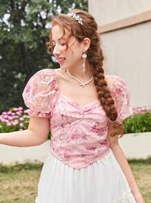 Teen Girls' Mesh Embroidered Sweetheart Collar Puff Sleeve Back-Shirred Casual Shirt