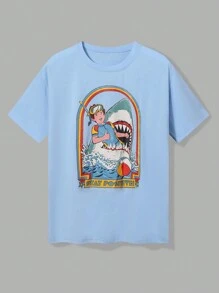 Stevenrhodes 口号图案 & 鲨鱼图案 T 恤，学校 - 淺藍色 - 查看 1