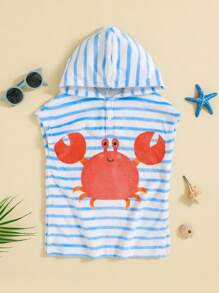 Baby Jungen Cartoon Krabben-muster Blau & Weiß Gestreift Kapuzen-ärmelloses Einteiler-schwimmanzug