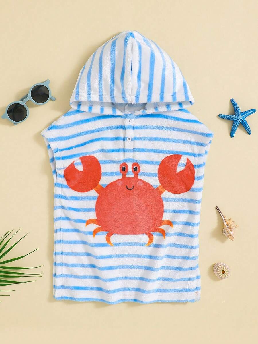 Baby Jungen Cartoon Krabben-muster Blau & Weiß Gestreift Kapuzen-ärmelloses Einteiler-schwimmanzug