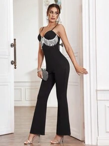 Zolique Tassel-Trimmed Cami Flared Jumpsuit - Black - View 5