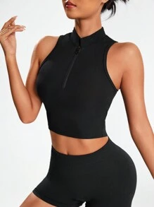 SHEIN Sports Solid Color Half Zipper Sleeveless Sports Tank Top Gym Top - Black - View 2