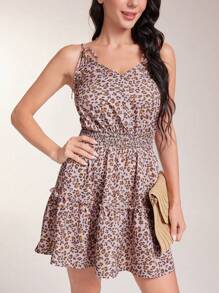 Breezaya Leopard Print Tie Shoulder Cami Dress - Apricot - View 1