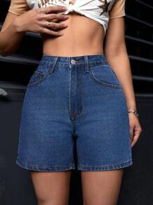 SHEIN PETITE Pantalones Cortos De Mezclilla Casuales Para Mujer - Azul - Ver 3