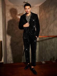 GENTILAND 男士針織閃亮休閒套裝,長袖夾克和長褲套裝 - 黑色 - 查看 3