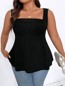 SHEIN LUNE 夏季大尺碼女士打摺方領背心 - 黑色 - 查看 3