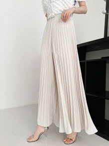 DAZY 女士休闲宽松高腰阔腿褶皱阔腿裤，教师裤 - 杏色 - 查看 1