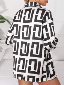 SHEIN Swim Geometric Pattern Button Up Kimono Summer - Black and White - View 2